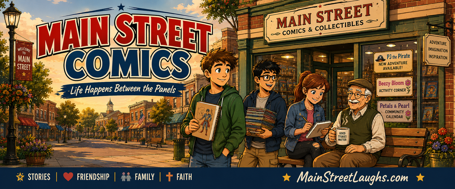 Comic book store 'Main Street Comics' with characters and store front
