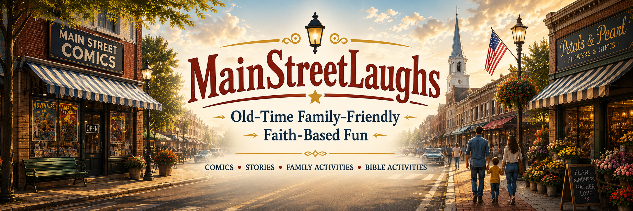 Promotional banner for MainStreetLaughs with a town square background