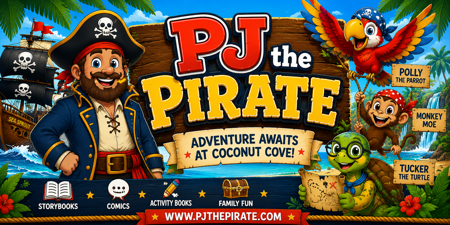 Promotional graphic for 'PJ the Pirate' with characters and text on a colorful background.