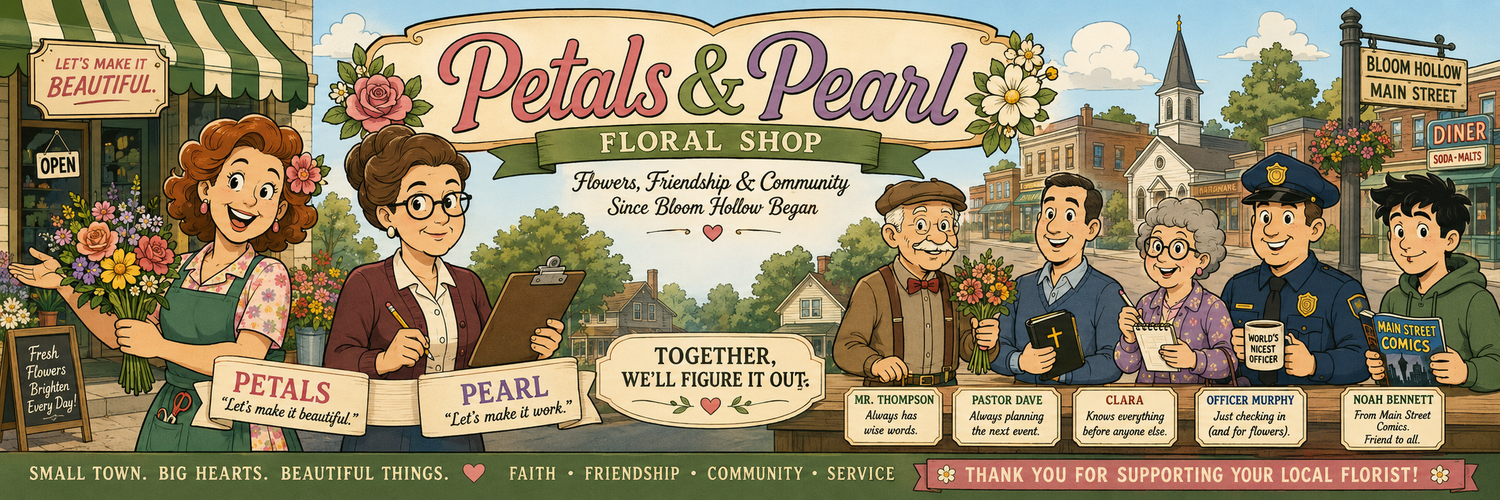 Animated scene of people interacting with a floral shop named 'Petals & Pearl' in a small town setting.