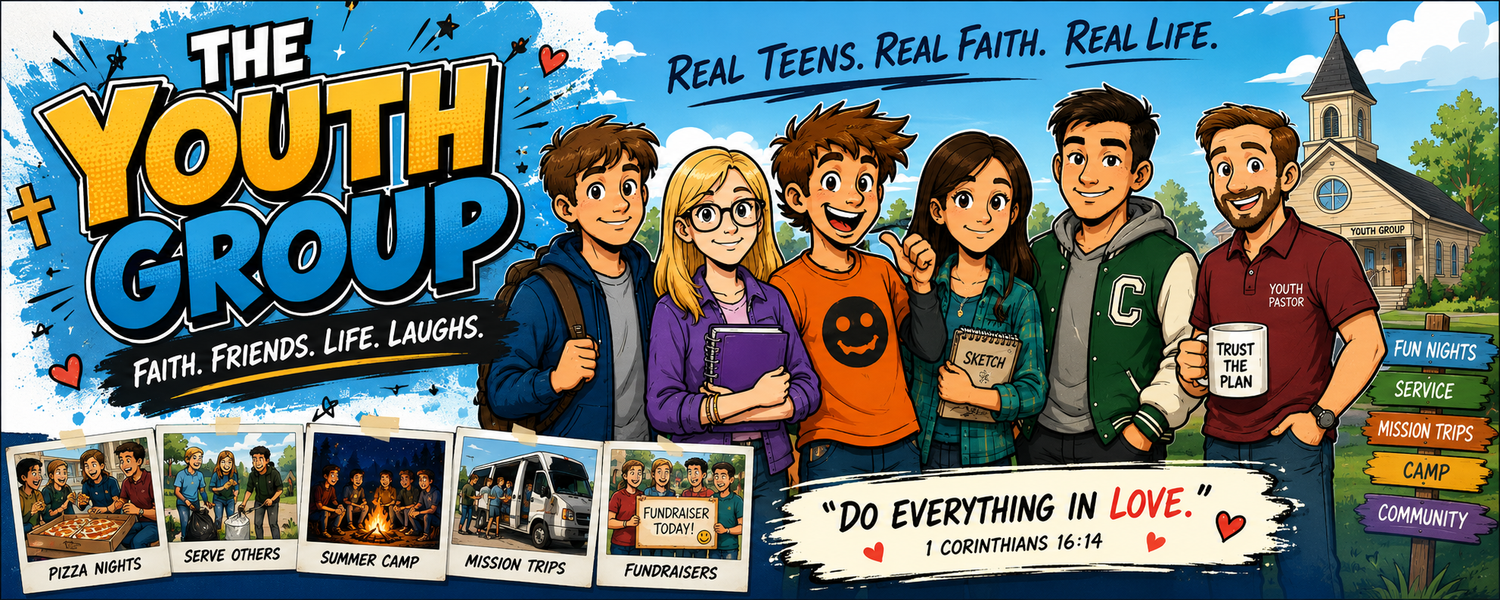 Promotional graphic for 'The Youth Group' with cartoon characters and text about real teens, faith, and life.